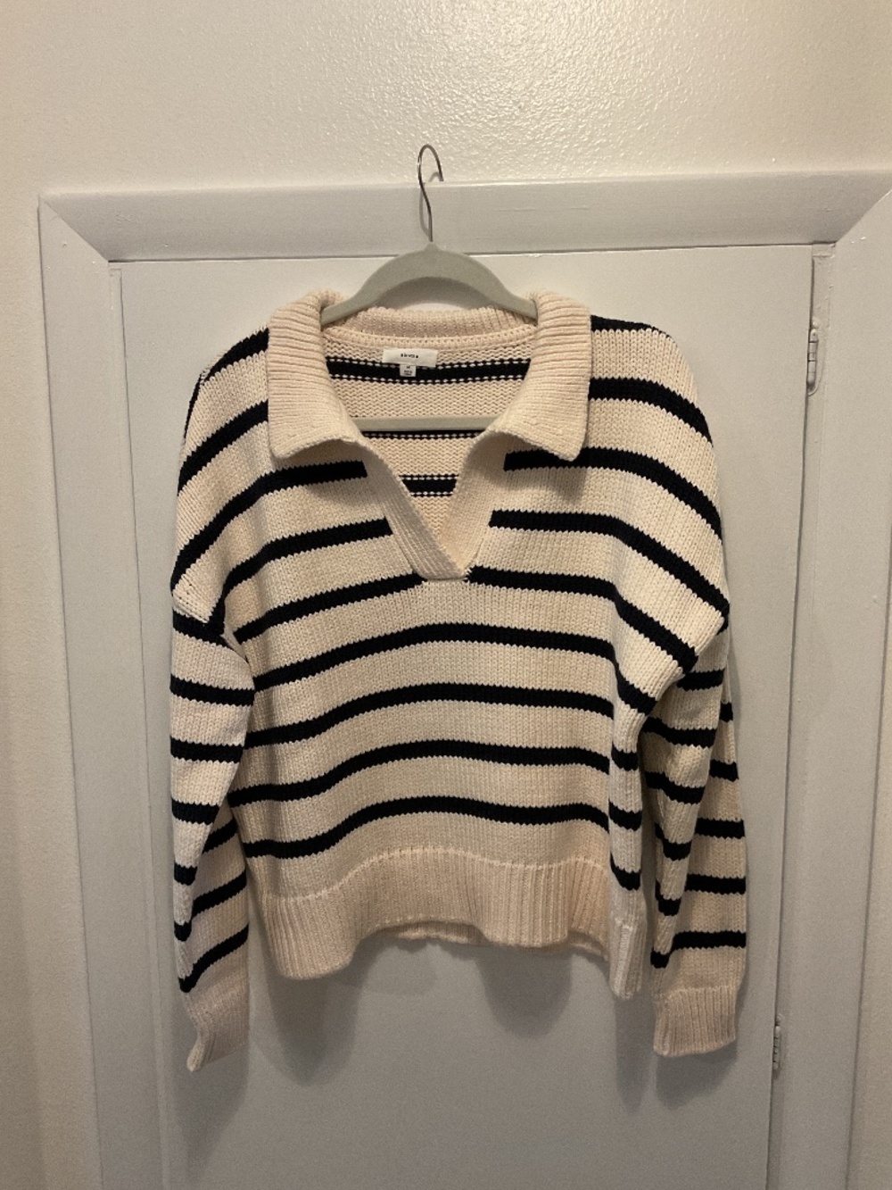 A Loves A Brand Sweater , Navy Blue and Ecru Stripe, Size Medium